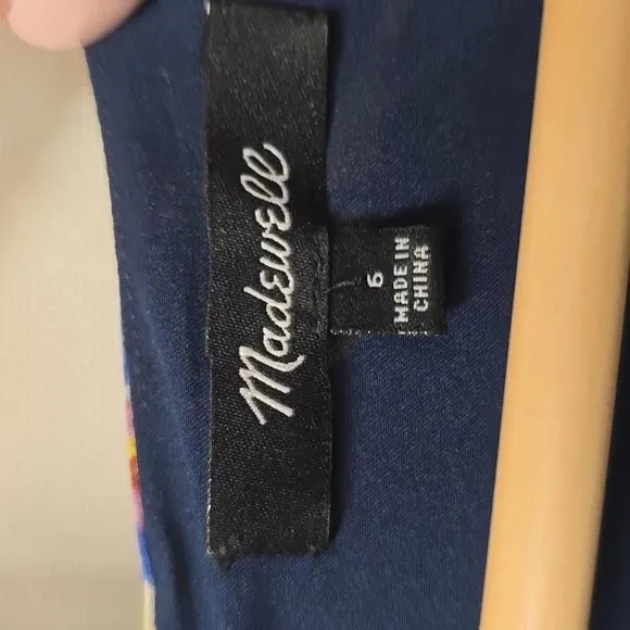 Madewell Navy Silk Dress with Floral Accents Size 6