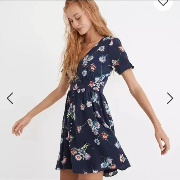 Madewell Navy Silk Dress with Floral Accents Size 6