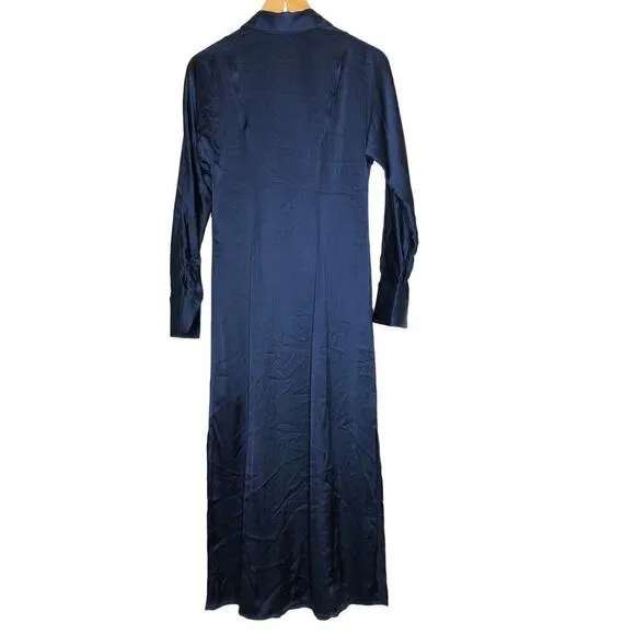 Madewell Satin Dress Button Front Midi Shirtdress Classic Indigo Blue NWT Size M