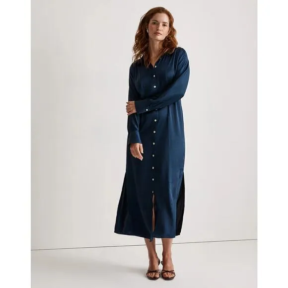 Madewell Satin Dress Button Front Midi Shirtdress Classic Indigo Blue NWT Size M