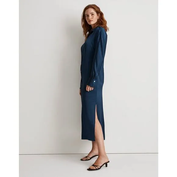 Madewell Satin Dress Button Front Midi Shirtdress Classic Indigo Blue NWT Size M