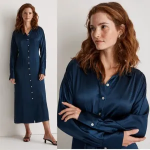 Madewell Satin Dress Button Front Midi Shirtdress Classic Indigo Blue NWT Size M