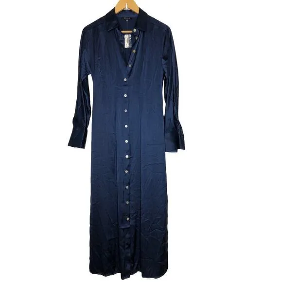 Madewell Satin Dress Button Front Midi Shirtdress Classic Indigo Blue NWT Size M