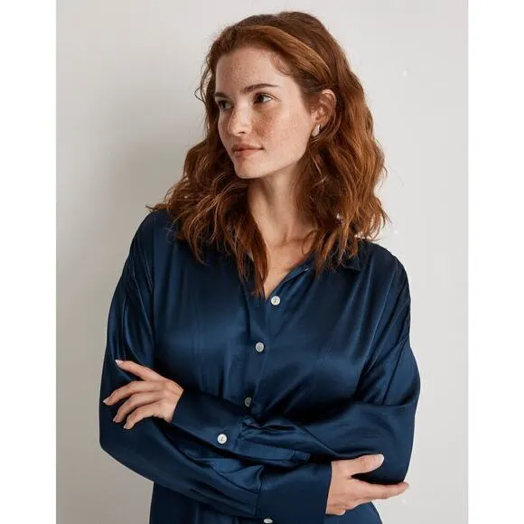 Madewell Satin Dress Button Front Midi Shirtdress Classic Indigo Blue NWT Size M