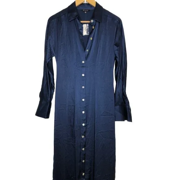 Madewell Satin Dress Button Front Midi Shirtdress Classic Indigo Blue NWT Size M