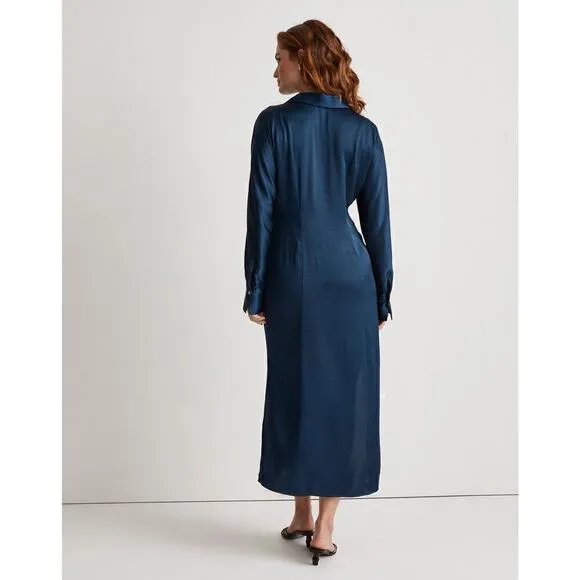 Madewell Satin Dress Button Front Midi Shirtdress Classic Indigo Blue NWT Size M