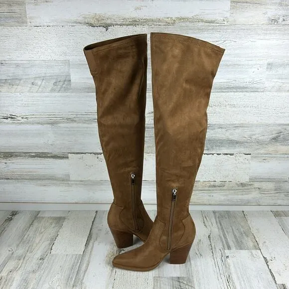 Marc Fisher womens 5 brown faux suede over the knee block heel boots new