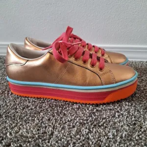 Marc Jacobs Women's 37 Empire Leather Lace Up Platform Gold Sneakers