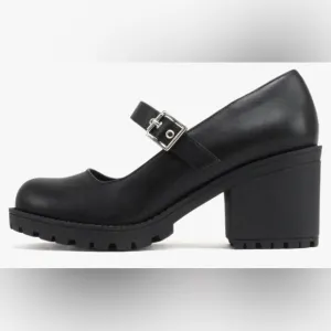 Mary Jane Round Toe Chunky Block Heel Lug Sole Pump Adj. Strap Faux Leather 10