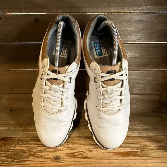 Mens FootJoy Pro SL Classic‎ White Brown Leather Spikeless Golf Shoes Size 7.5 M
