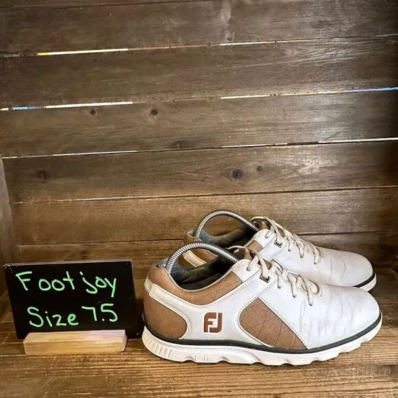 Mens FootJoy Pro SL Classic‎ White Brown Leather Spikeless Golf Shoes Size 7.5 M