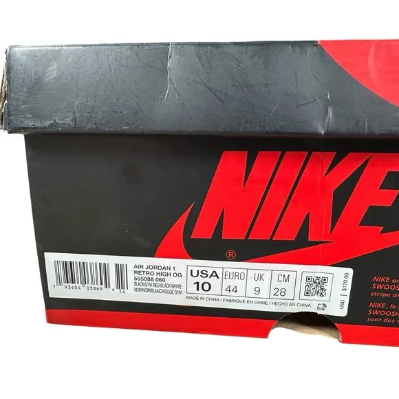 Men's Size 10 Nike Air Jordan 1 Retro High Black Satin Red Shoes 555088-060