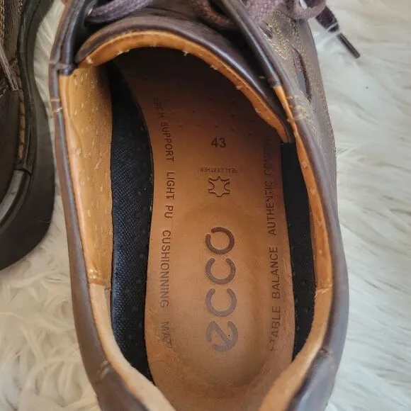 Mens Ecco Brown Leather Oxford Shoes, Size 43.