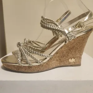 Michael Kors Gold Metallic Leather Wedge Heel Strappy Sandals Sz. 7 Ret. $229