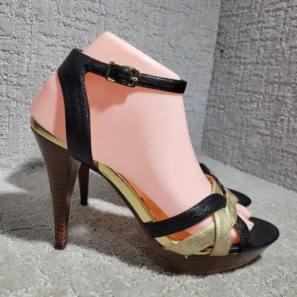 Michael Kors Heels Gold Black Leather Open Toe Buckle Ankle Strap Shoes Womens 8