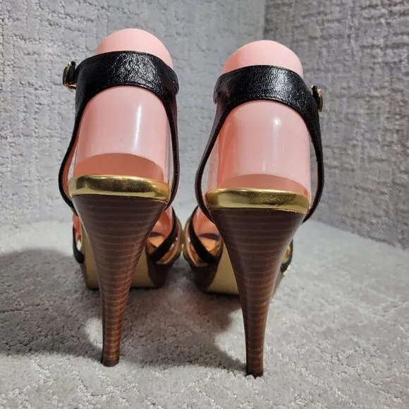 Michael Kors Heels Gold Black Leather Open Toe Buckle Ankle Strap Shoes Womens 8