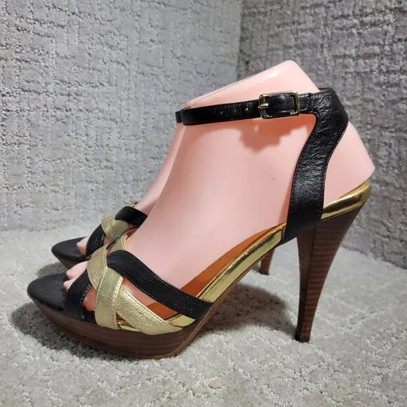Michael Kors Heels Gold Black Leather Open Toe Buckle Ankle Strap Shoes Womens 8