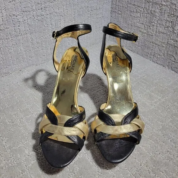 Michael Kors Heels Gold Black Leather Open Toe Buckle Ankle Strap Shoes Womens 8