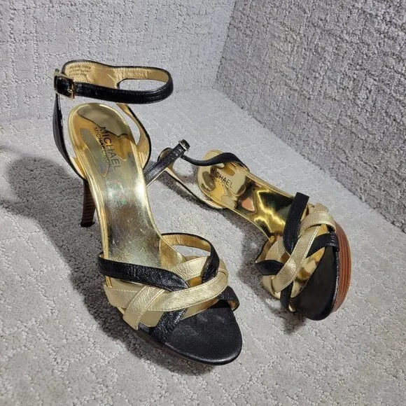 Michael Kors Heels Gold Black Leather Open Toe Buckle Ankle Strap Shoes Womens 8