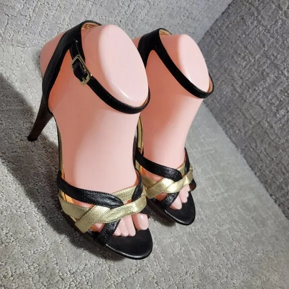 Michael Kors Heels Gold Black Leather Open Toe Buckle Ankle Strap Shoes Womens 8