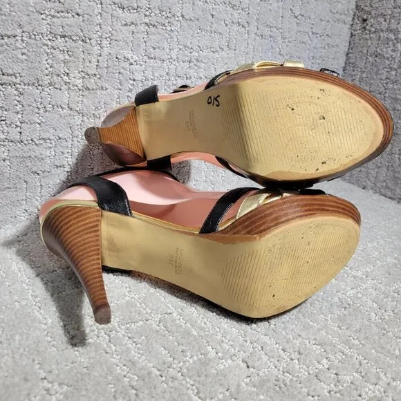 Michael Kors Heels Gold Black Leather Open Toe Buckle Ankle Strap Shoes Womens 8