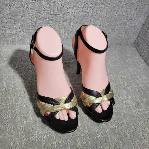 Michael Kors Heels Gold Black Leather Open Toe Buckle Ankle Strap Shoes Womens 8