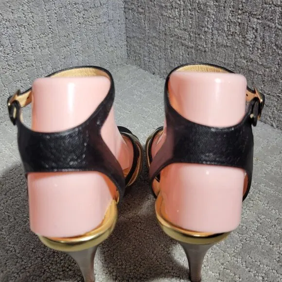 Michael Kors Heels Gold Black Leather Open Toe Buckle Ankle Strap Shoes Womens 8