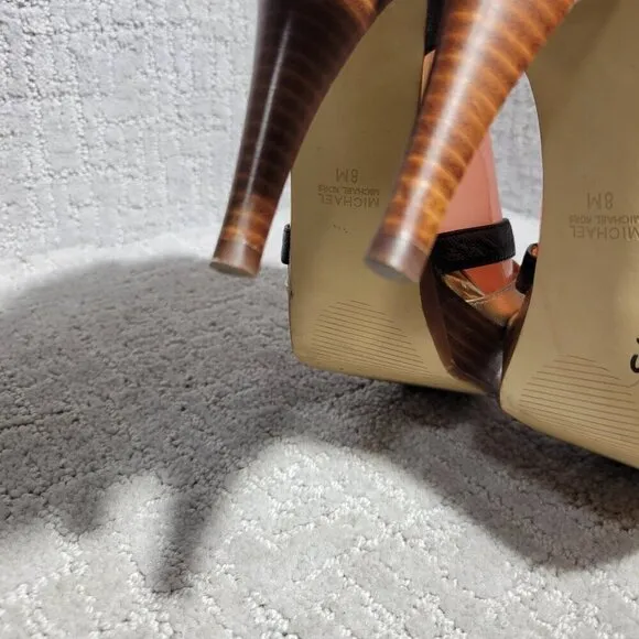 Michael Kors Heels Gold Black Leather Open Toe Buckle Ankle Strap Shoes Womens 8