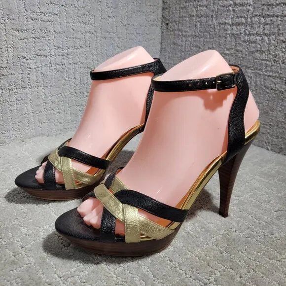 Michael Kors Heels Gold Black Leather Open Toe Buckle Ankle Strap Shoes Womens 8