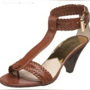 Michael Kors Juniper Woven Leather T-Strap Cone Shaped Heel Sandals Size 7 Brown