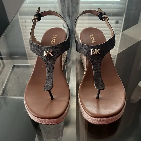 Michael Kors Laney Saffiano Logo Espadrille Wedge Sandals, Size 11 New w/o Box