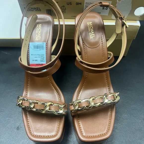 MICHAEL KORS Womens Brown 1-1/2&quot; Platform Chain Paola Flare Heeled Sandal Size 9