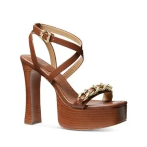 MICHAEL KORS Womens Brown 1-1/2&quot; Platform Chain Paola Flare Heeled Sandal Size 9