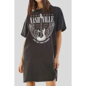 Mineral Black Nashville Music City Guitar Graphic Short Sleeve T-Shirt Dress