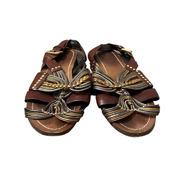 Miu Miu Brown Metallic Braided Woven Strappy Slingback Leather Sandals Size 5.5