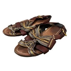 Miu Miu Brown Metallic Braided Woven Strappy Slingback Leather Sandals Size 5.5
