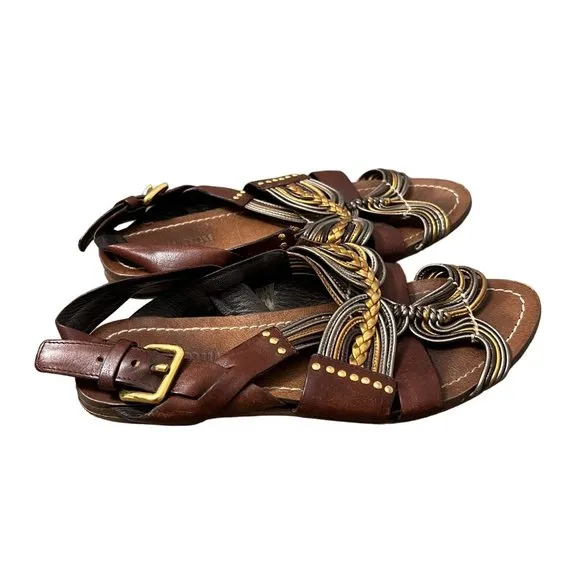 Miu Miu Brown Metallic Braided Woven Strappy Slingback Leather Sandals Size 5.5