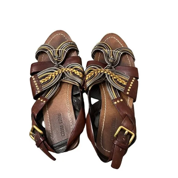 Miu Miu Brown Metallic Braided Woven Strappy Slingback Leather Sandals Size 5.5