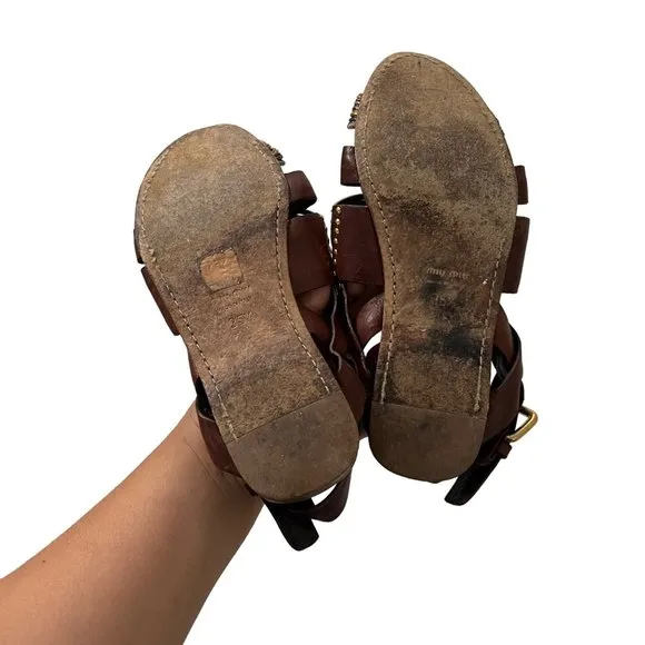 Miu Miu Brown Metallic Braided Woven Strappy Slingback Leather Sandals Size 5.5