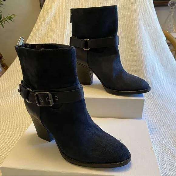 Navy suede Aquatalia moto ankle heeled boots size 7.5  biker style