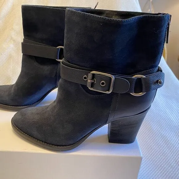 Navy suede Aquatalia moto ankle heeled boots size 7.5  biker style