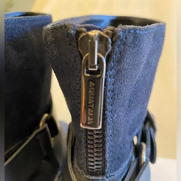 Navy suede Aquatalia moto ankle heeled boots size 7.5  biker style