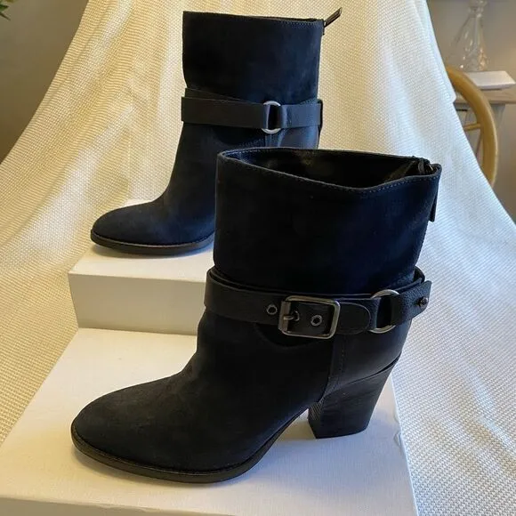 Navy suede Aquatalia moto ankle heeled boots size 7.5  biker style