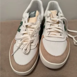 New Balance White and Tan Retro Sneakers