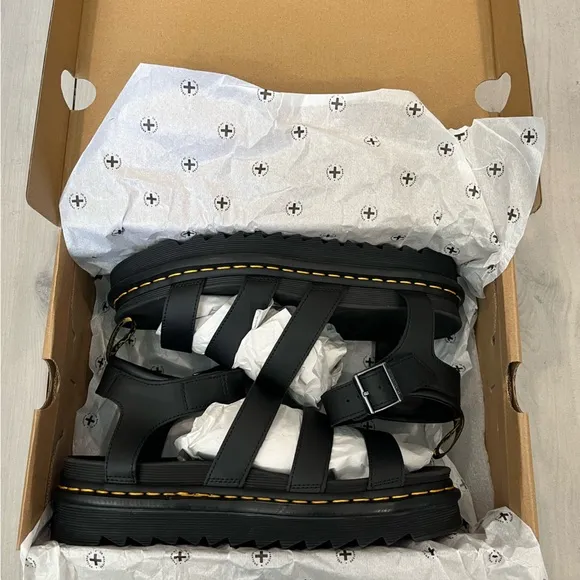 NEW Dr Martens Blaire Hydro Black Leather Platform Sandals