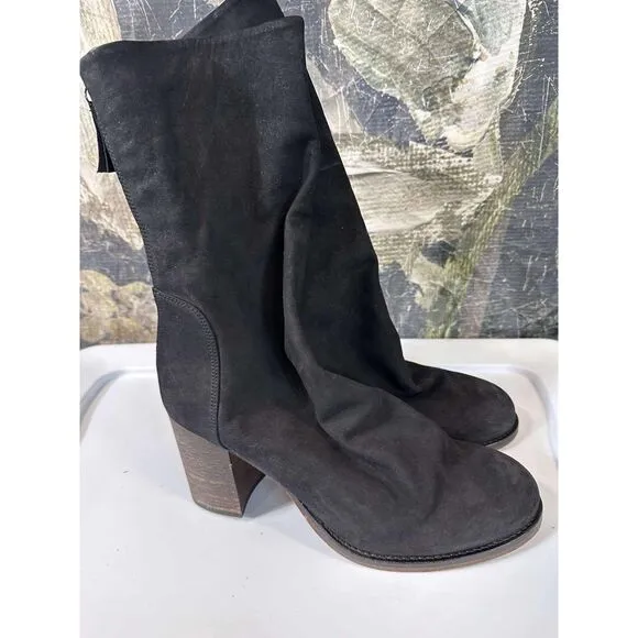 New Free People Women Elle Boot Black Nubuck Slouch Mid Bootie Block Heel Sz 41