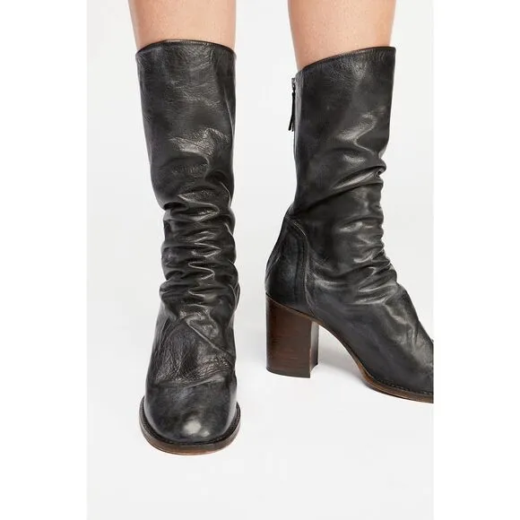 New Free People Women Elle Boot Black Nubuck Slouch Mid Bootie Block Heel Sz 41