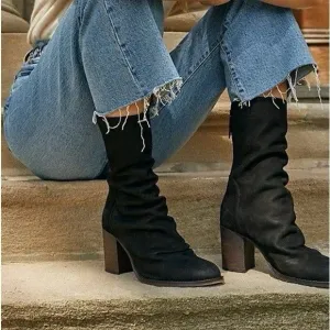 New Free People Women Elle Boot Black Nubuck Slouch Mid Bootie Block Heel Sz 41