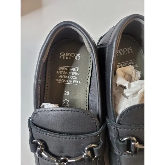 New Geox Kids Black Loafer Slip On Oxford Shoes Leather Moc Toe SZ 10.5