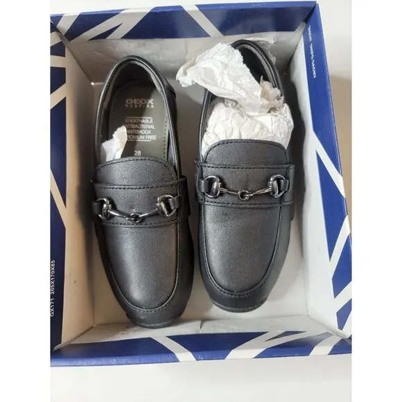 New Geox Kids Black Loafer Slip On Oxford Shoes Leather Moc Toe SZ 10.5